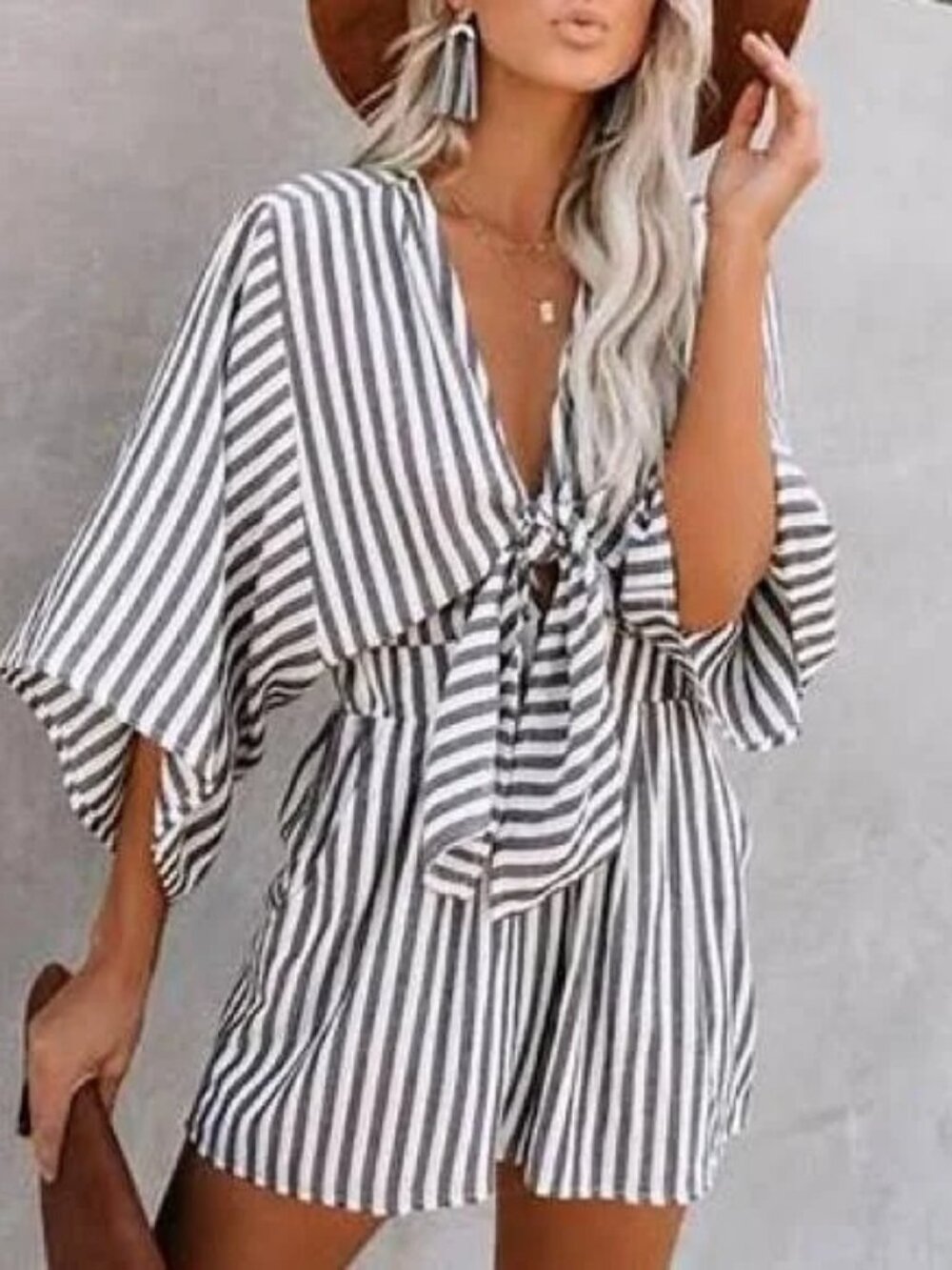 Flawless Brand Navy and White Striped Tie-Front Romper, Size S